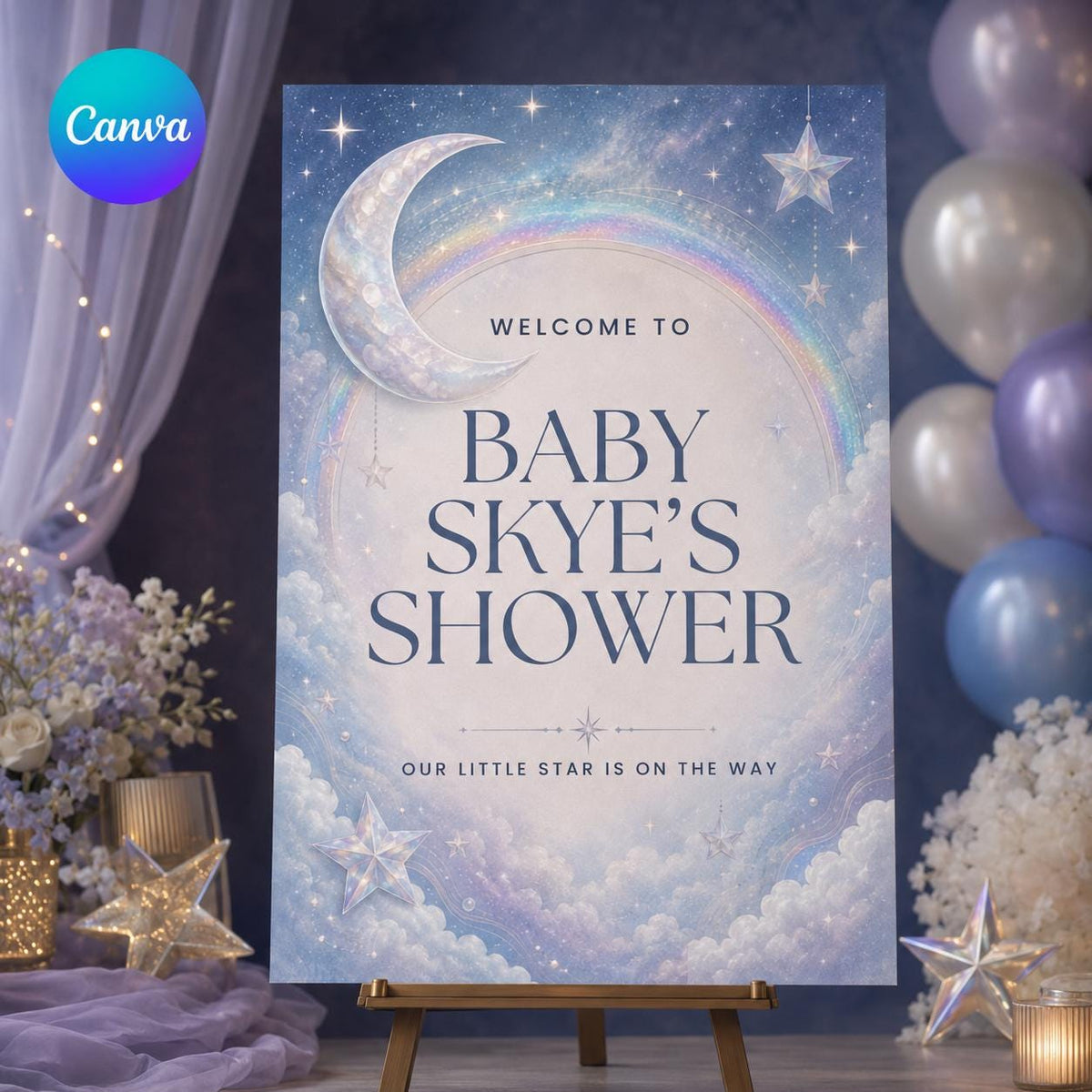 Rainbow Celestial Baby Shower Welcome Sign — editable Canva template