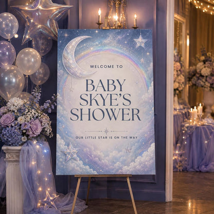 Rainbow Celestial Baby Shower Welcome Sign — welcome sign you personalize in Canva