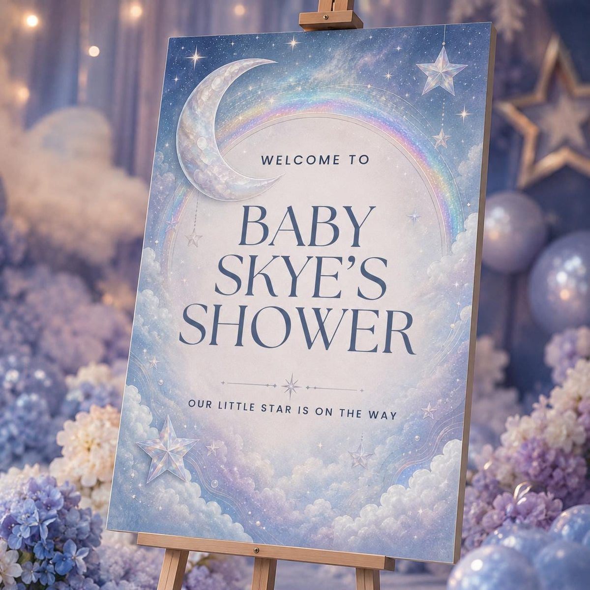 Rainbow Celestial Baby Shower Welcome Sign — print-ready baby shower design from VoltBy