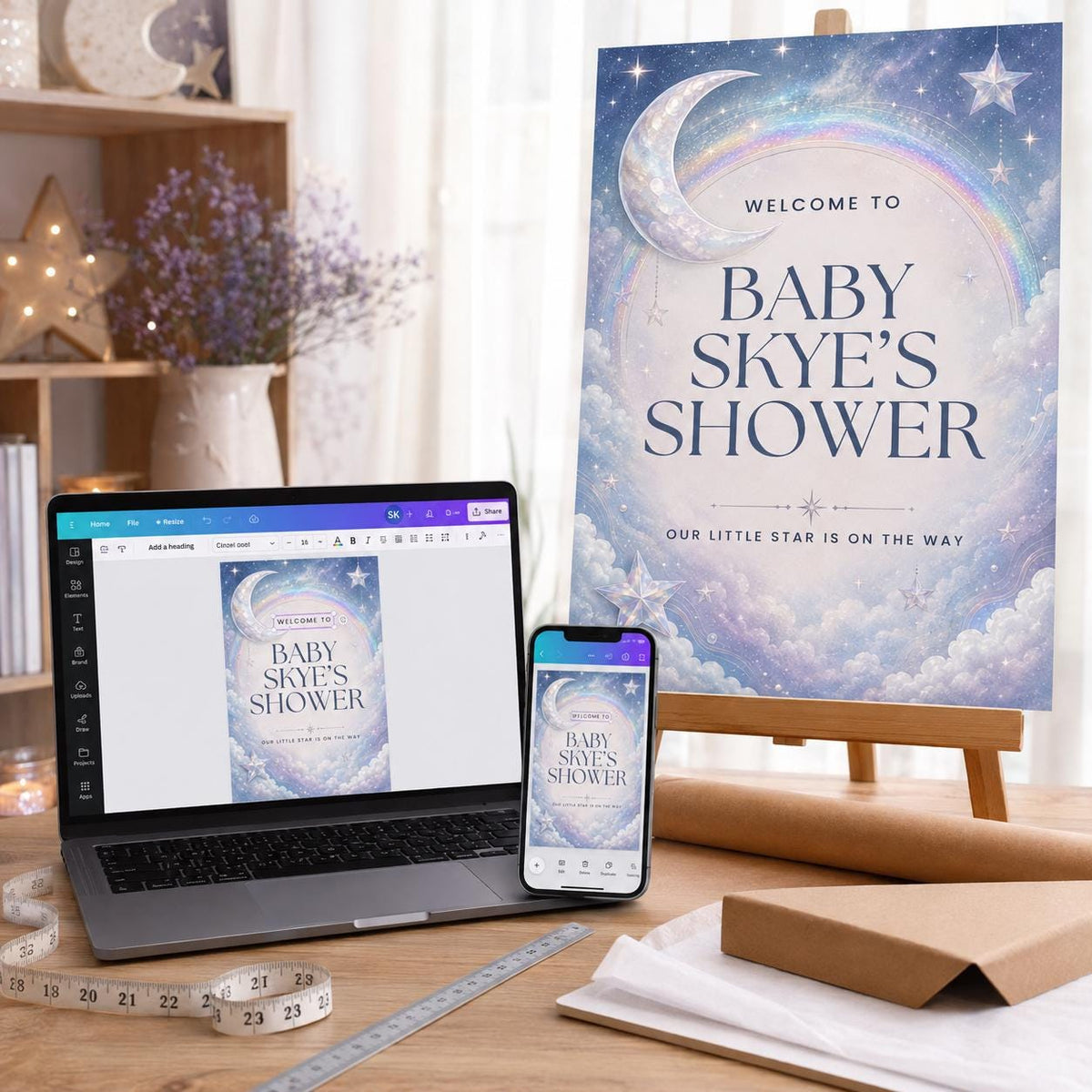 Rainbow Celestial Baby Shower Welcome Sign — baby shower stationery by VoltBy