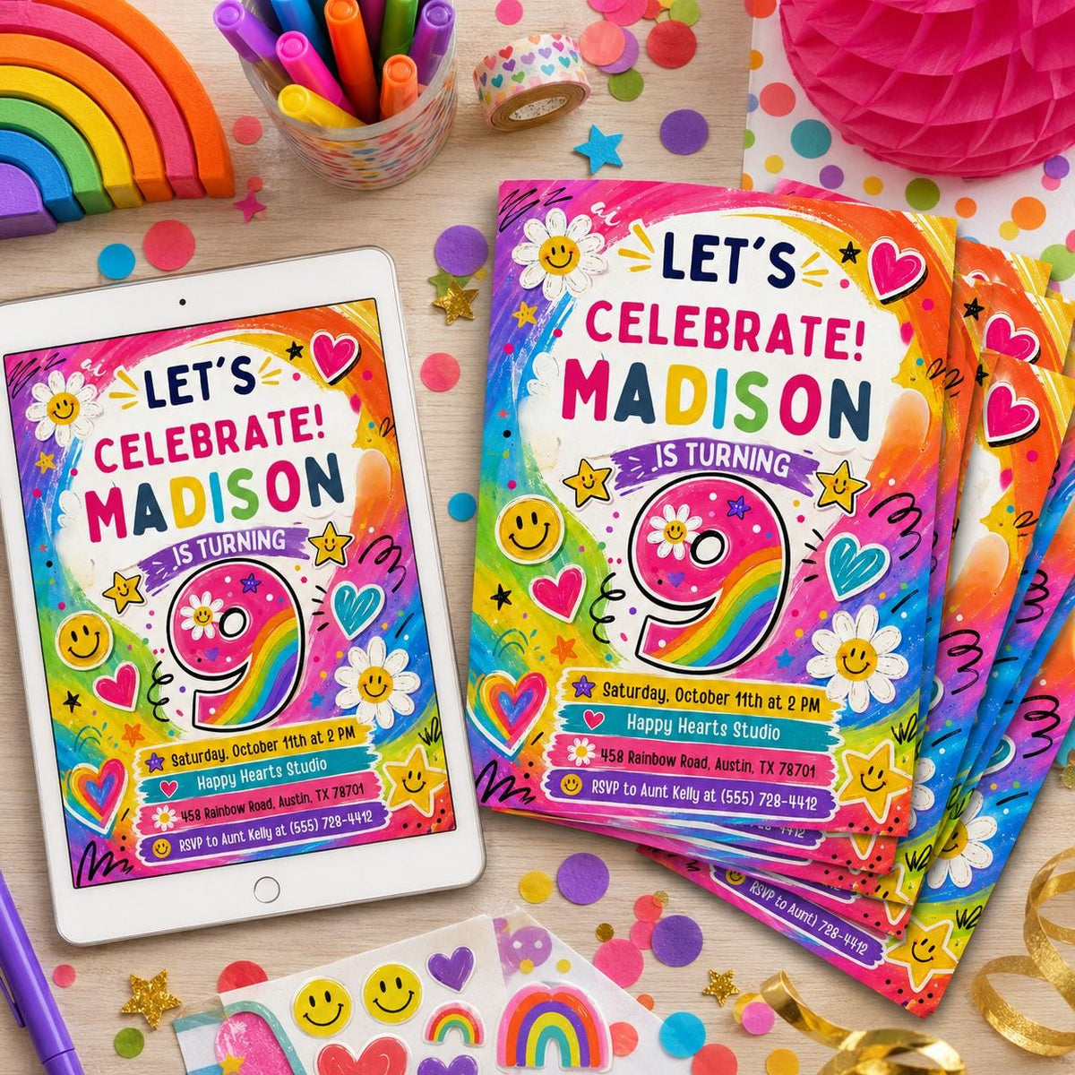 Rainbow Daisy 9th Birthday Invitation — smiley design