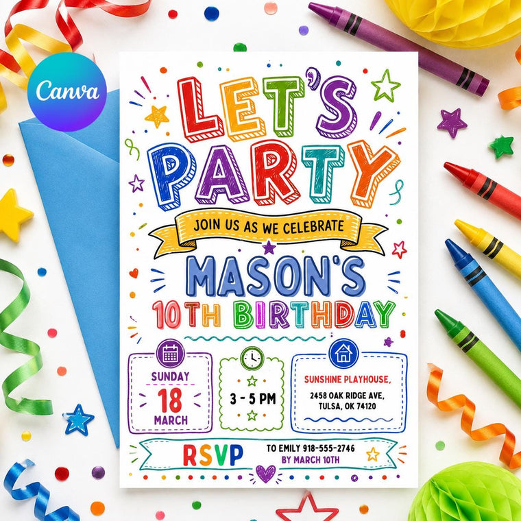 Rainbow Doodle Let's Party 10th Birthday Invitation