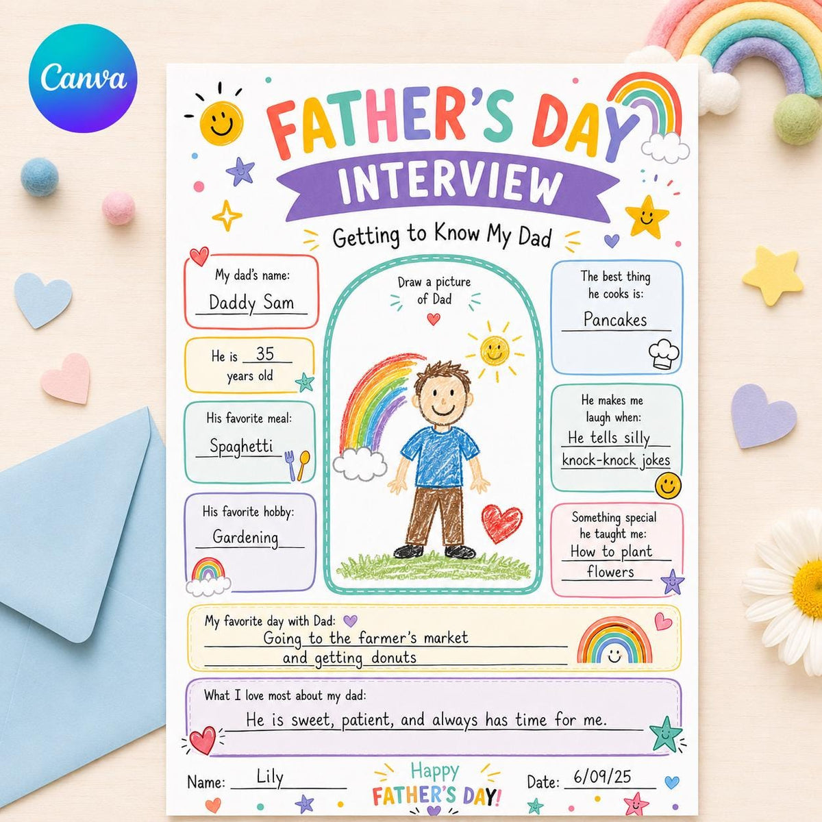 Rainbow Father's Day Interview Worksheet — editable Canva template