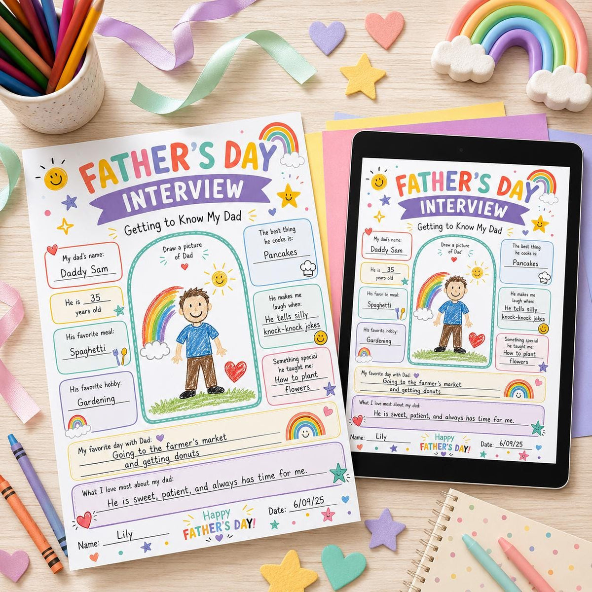 Rainbow Father's Day Interview Worksheet — print-ready father's day design from VoltBy