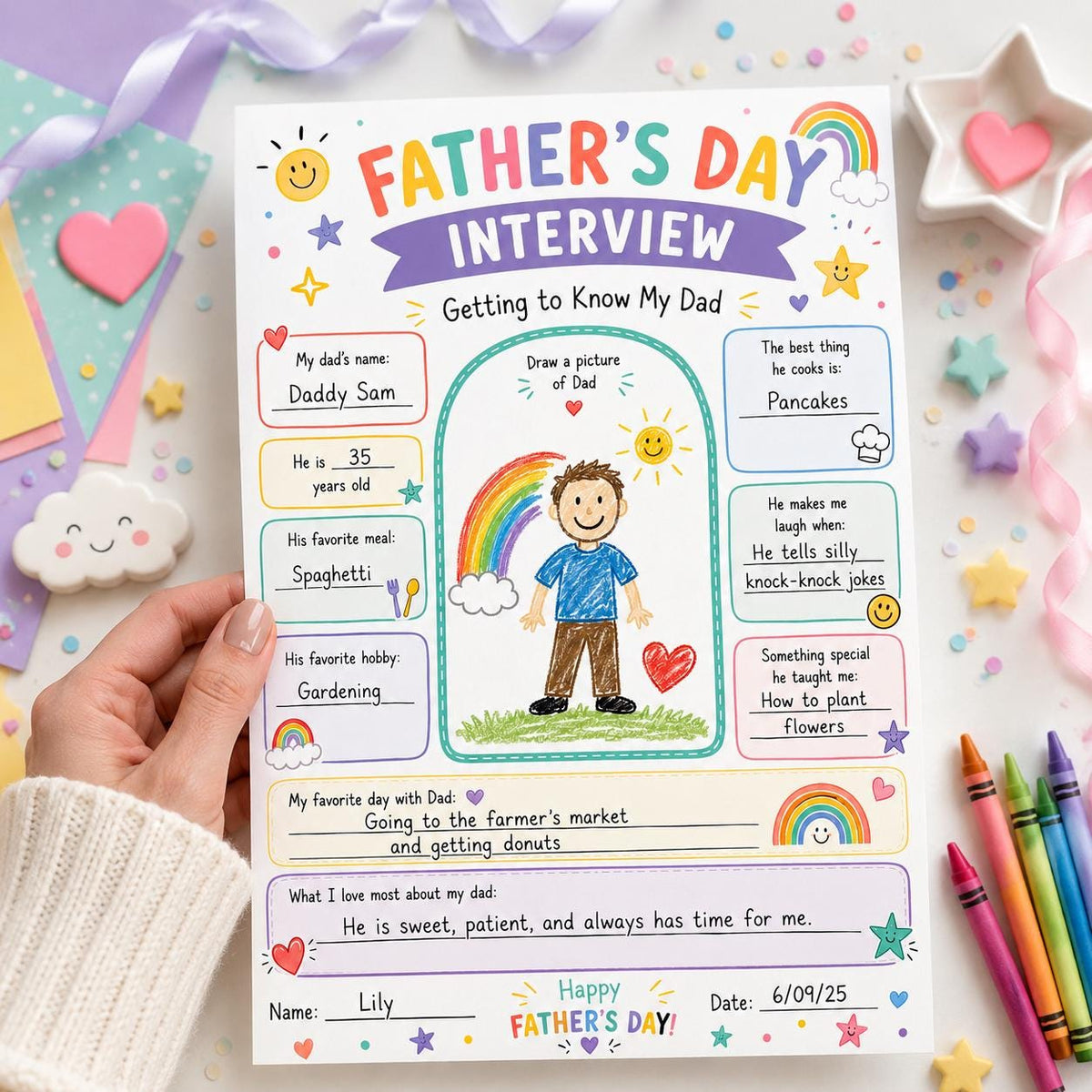 Rainbow Father's Day Interview Worksheet — digital printable worksheet, instant download