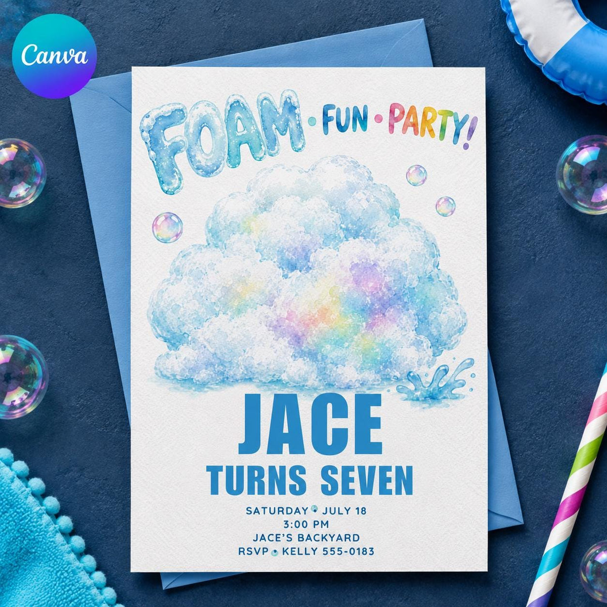 Rainbow Foam Party Birthday Invitation — editable Canva template