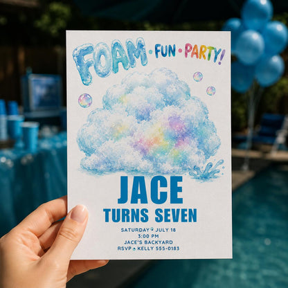 Rainbow Foam Party Birthday Invitation — print-ready birthday party design from VoltBy