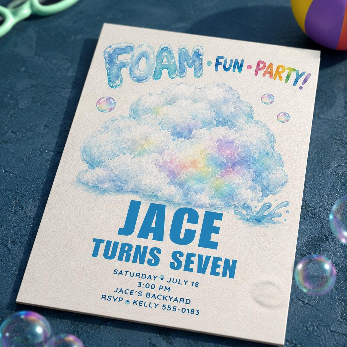 Rainbow Foam Party Birthday Invitation — birthday party stationery by VoltBy