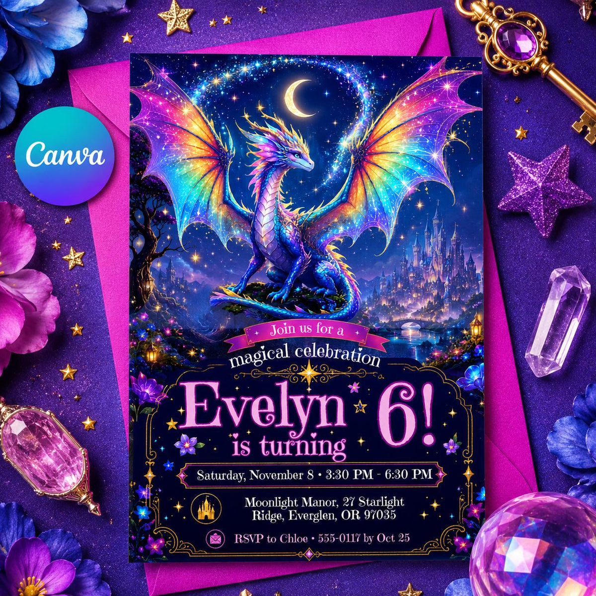Rainbow Magical Dragon 6th Birthday Invitation for Girls — editable Canva template