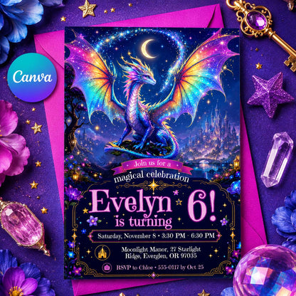 Rainbow Magical Dragon 6th Birthday Invitation for Girls — editable Canva template