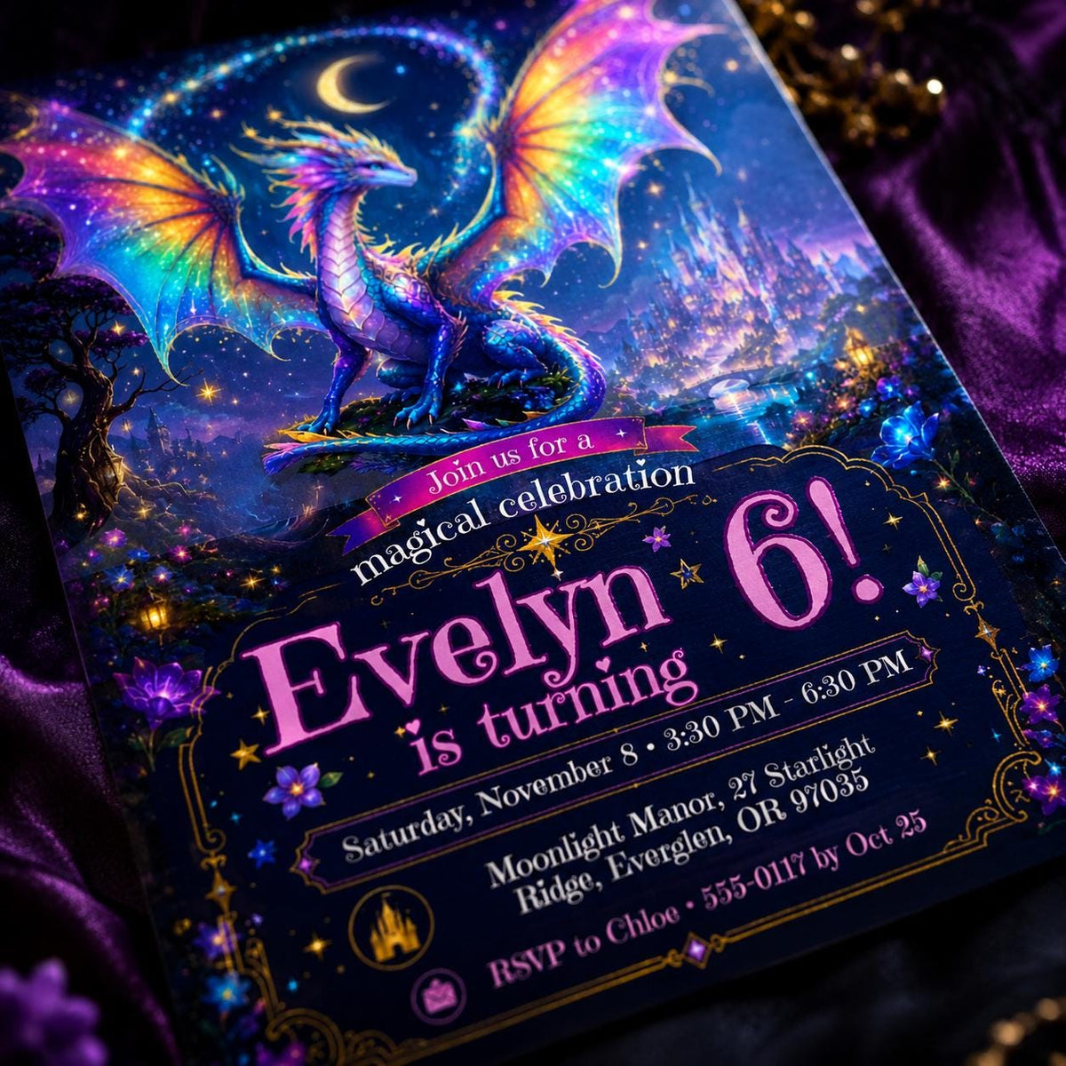 Rainbow Magical Dragon 6th Birthday Invitation for Girls — magic design