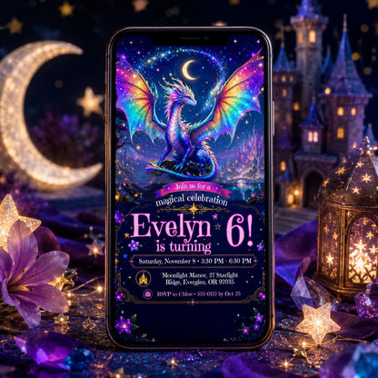 Rainbow Magical Dragon 6th Birthday Invitation for Girls — print-ready 6th birthday party design from VoltBy