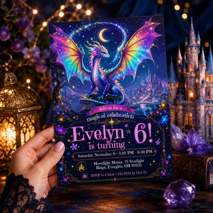 Rainbow Magical Dragon 6th Birthday Invitation for Girls — digital invitation, instant download