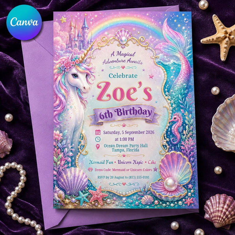Rainbow Mermaid Unicorn 6th Birthday Invitation for Girls