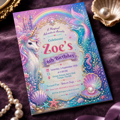 Rainbow Mermaid Unicorn 6th Birthday Invitation for Girls — magic design
