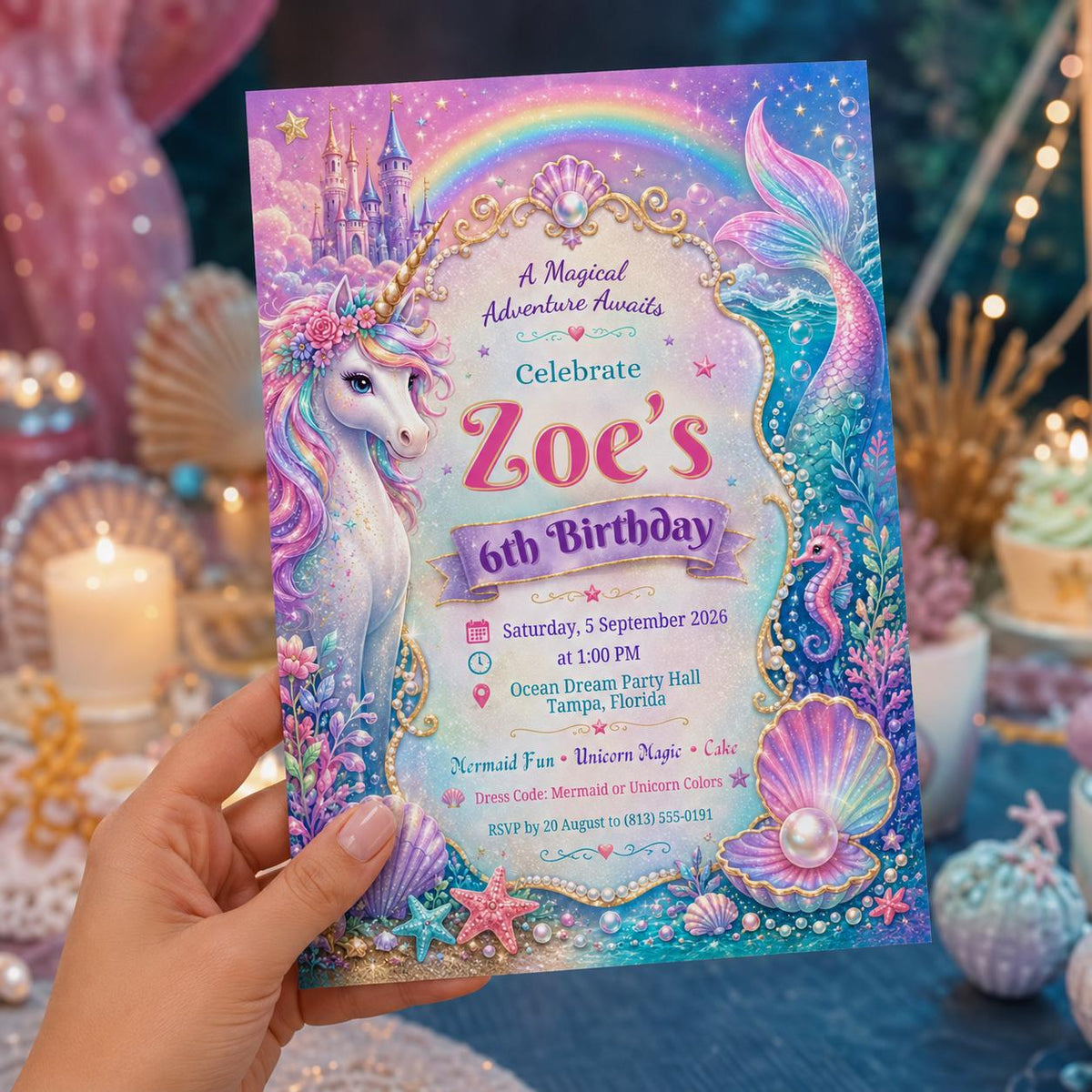 Rainbow Mermaid Unicorn 6th Birthday Invitation for Girls — print-ready 6th birthday party design from VoltBy