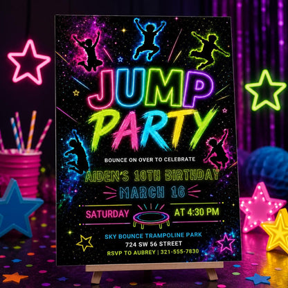 Rainbow Neon Jump Party 10th Birthday Invitation — trampoline design