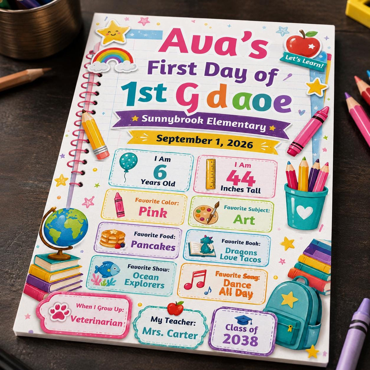Rainbow Notebook First Day of First Grade Sign in blue and pink