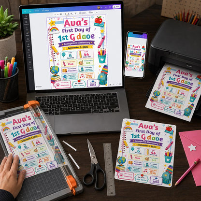 Rainbow Notebook First Day of First Grade Sign — school sign you personalize in Canva