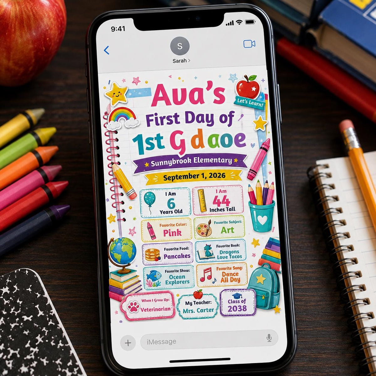 Rainbow Notebook First Day of First Grade Sign — print-ready back-to-school event design from VoltBy