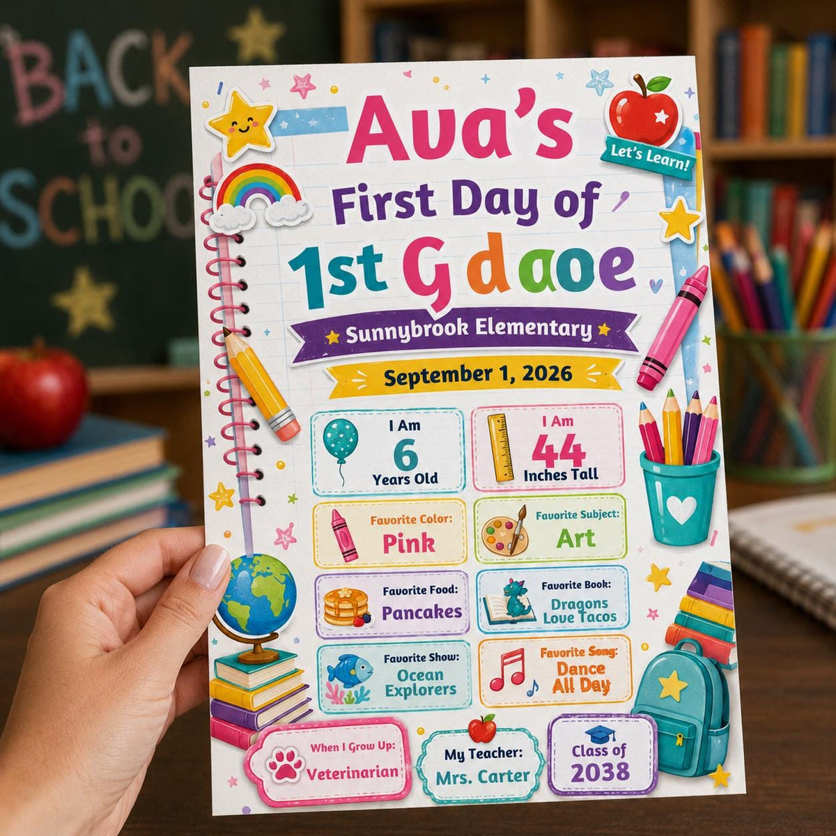 Rainbow Notebook First Day of First Grade Sign — digital school sign, instant download