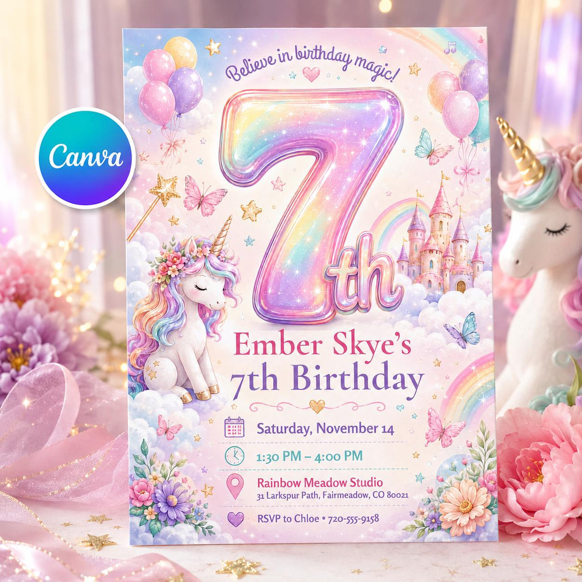 Rainbow Number Seven Unicorn Birthday Invitation — editable Canva template