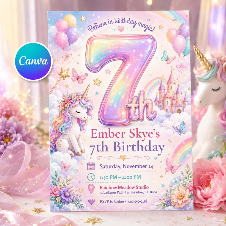 Rainbow Number Seven Unicorn Birthday Invitation