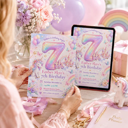 Rainbow Number Seven Unicorn Birthday Invitation in blue and pink