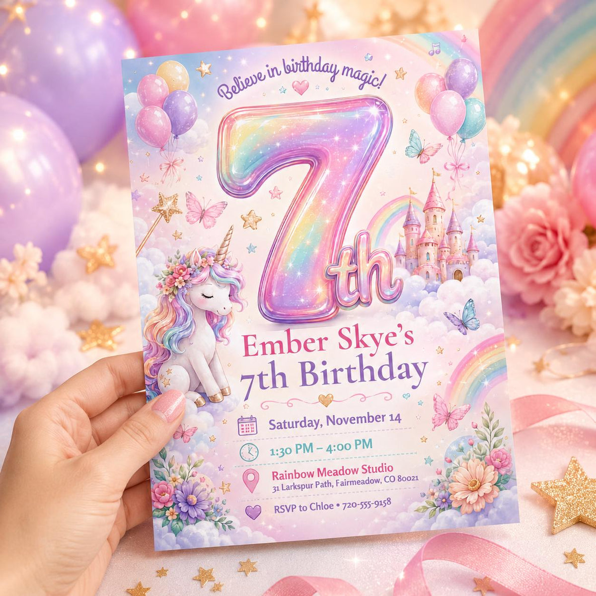 Rainbow Number Seven Unicorn Birthday Invitation — balloon and castle design