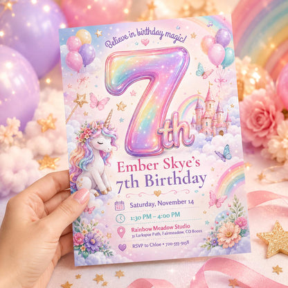 Rainbow Number Seven Unicorn Birthday Invitation — balloon and castle design