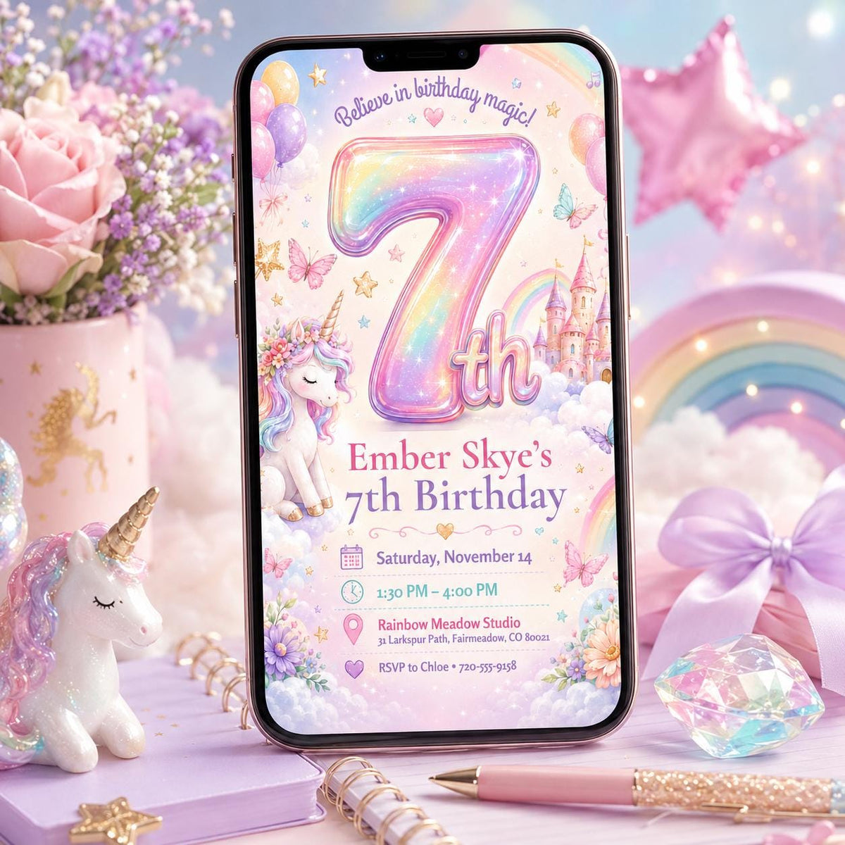 Rainbow Number Seven Unicorn Birthday Invitation — invitation you personalize in Canva