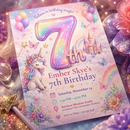 Rainbow Number Seven Unicorn Birthday Invitation — balloon and castle artwork in blue and pink