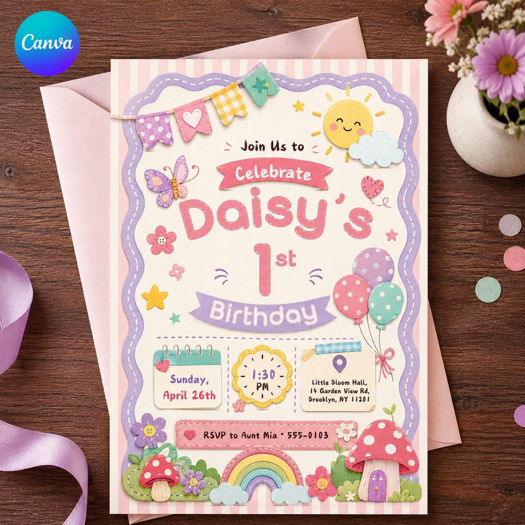 Rainbow Pastel Daisy First Birthday Invitation for Girls