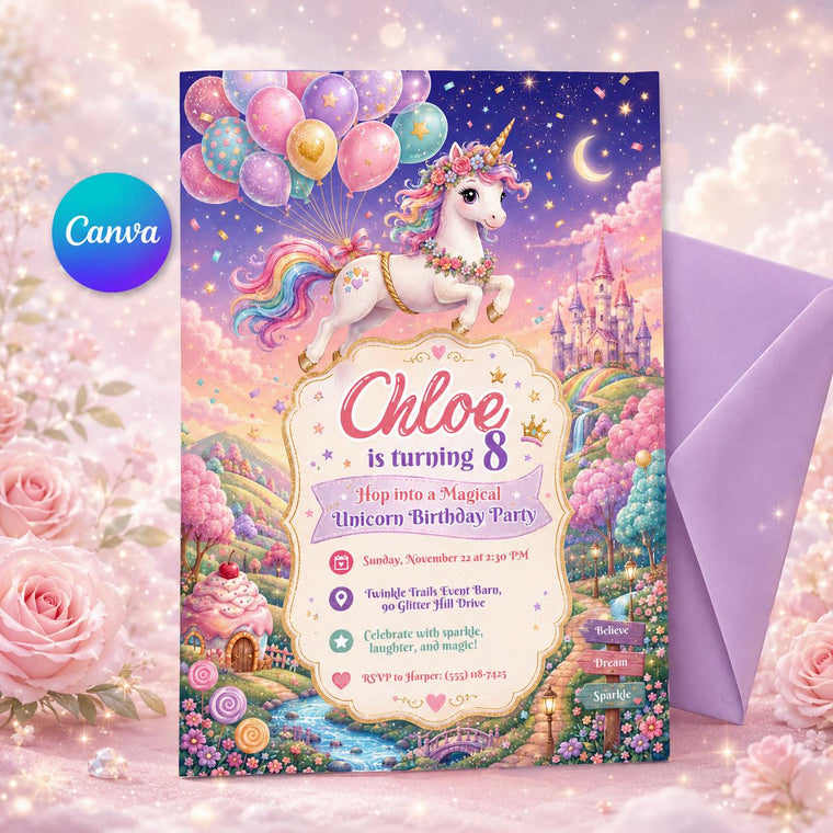 Rainbow Pastel Magical Unicorn 8th Birthday Invitation for Girls