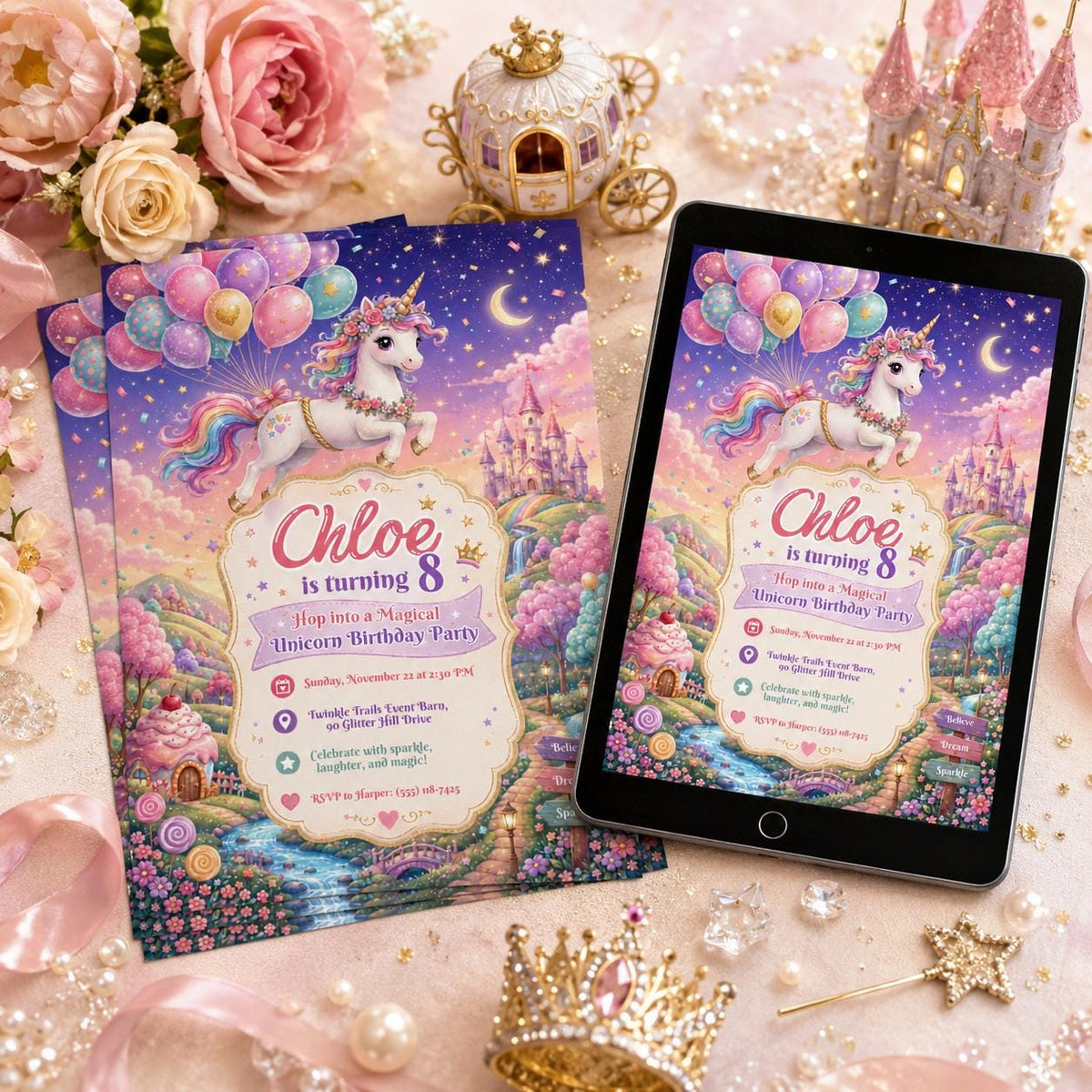 Rainbow Pastel Magical Unicorn 8th Birthday Invitation for Girls — magic design
