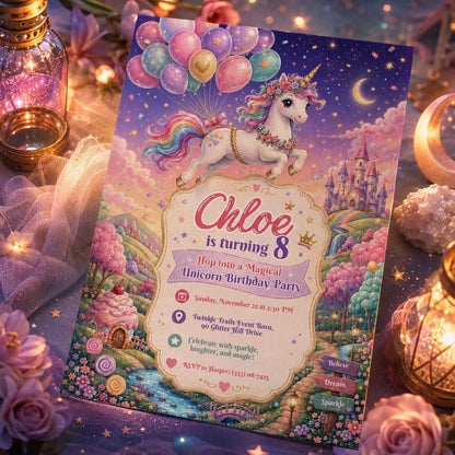 Rainbow Pastel Magical Unicorn 8th Birthday Invitation for Girls — invitation you personalize in Canva