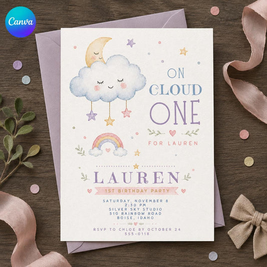 Rainbow Pastel On Cloud One 1st Birthday Invitation — editable Canva template