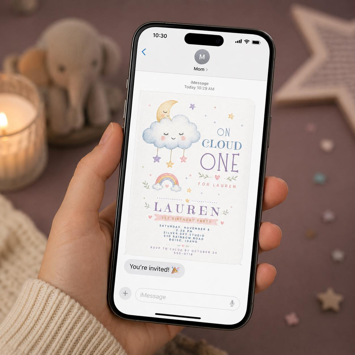 Rainbow Pastel On Cloud One 1st Birthday Invitation — celestial design