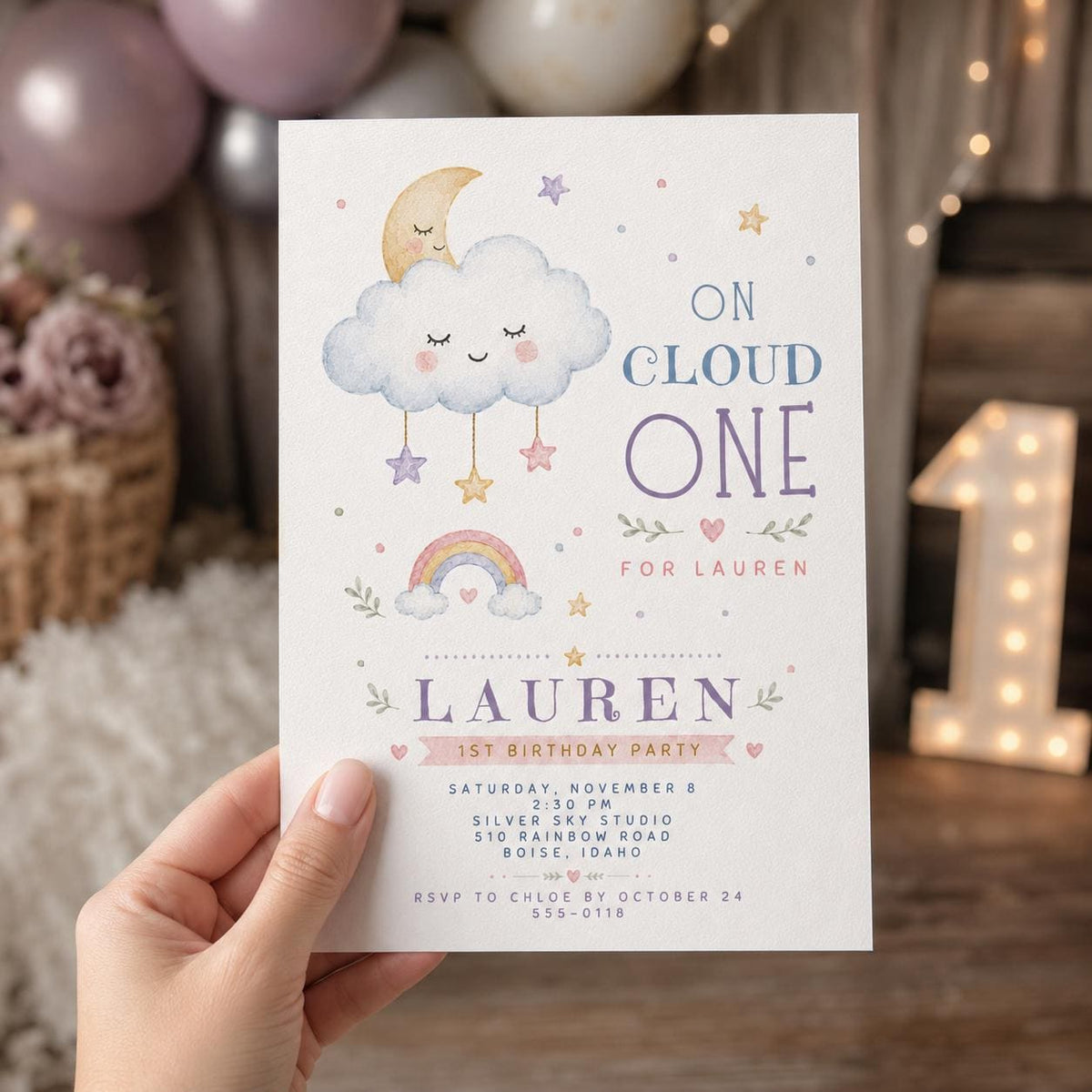 Rainbow Pastel On Cloud One 1st Birthday Invitation — invitation you personalize in Canva