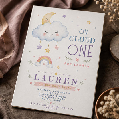 Rainbow Pastel On Cloud One 1st Birthday Invitation — digital invitation, instant download