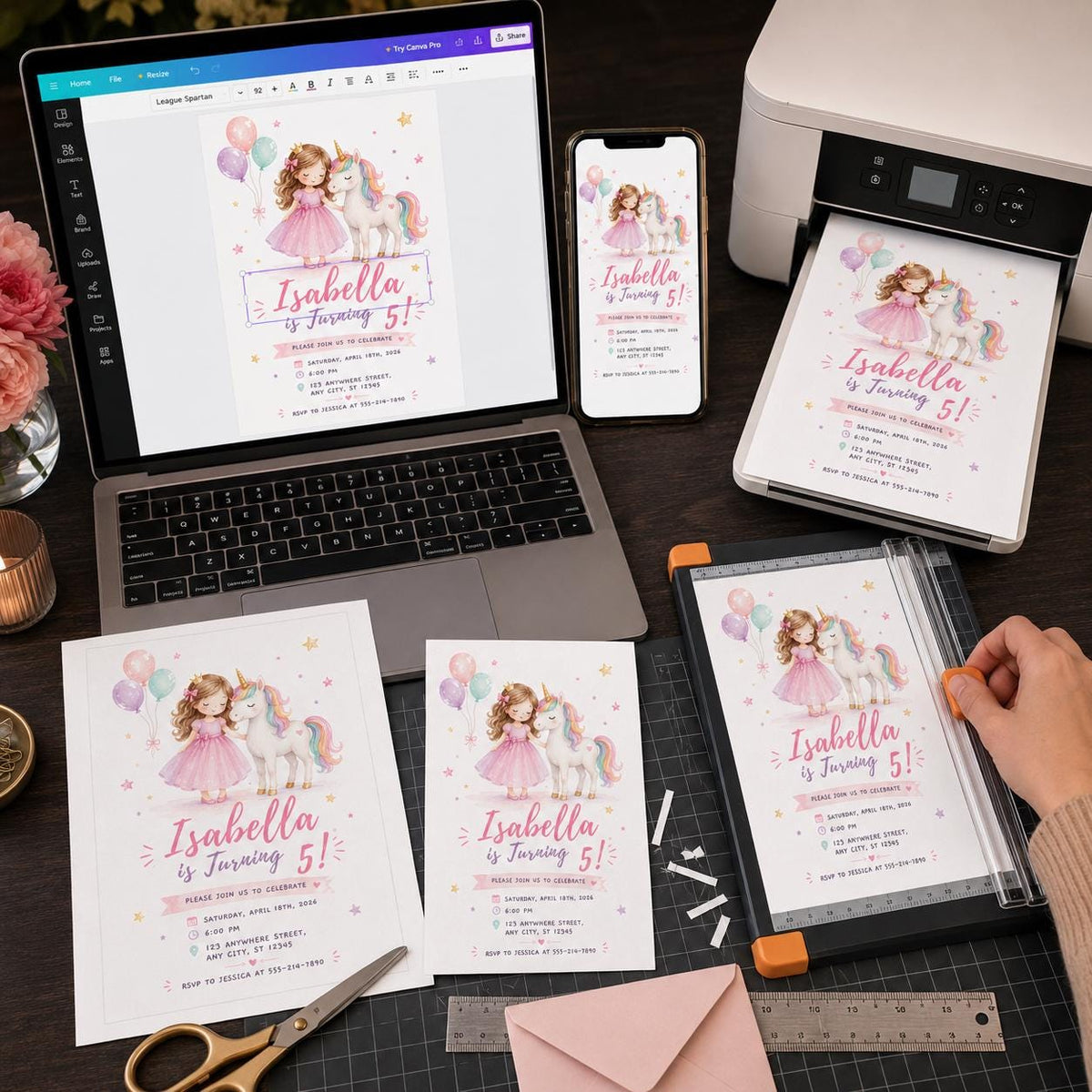 Rainbow Pastel Princess Unicorn 5th Birthday Invitation for Girls — storybook design