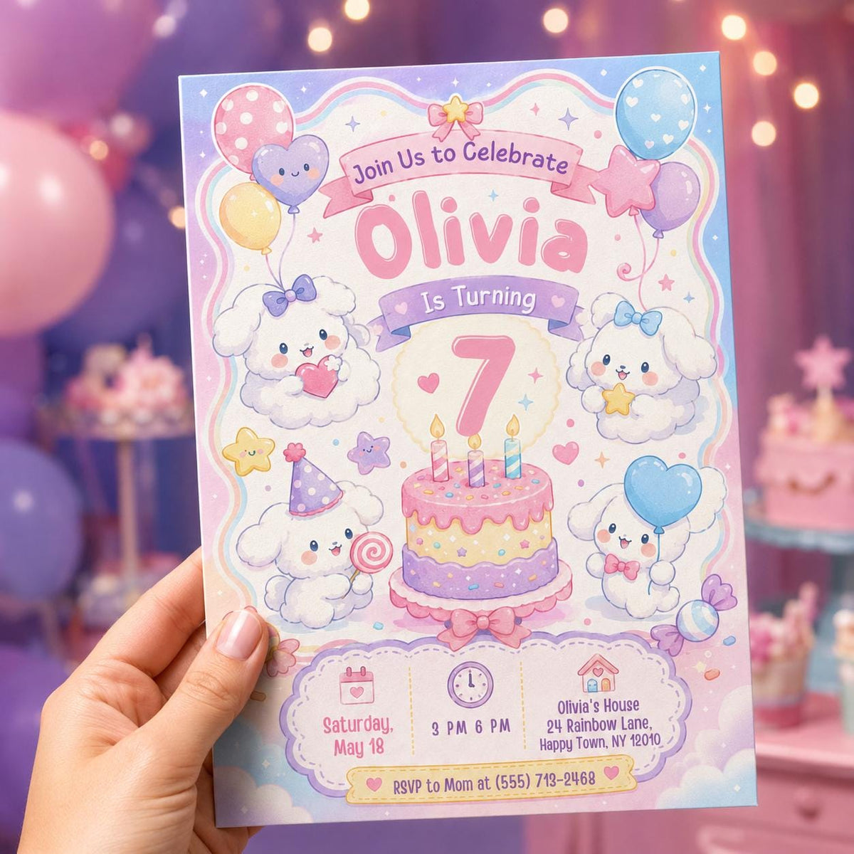 Rainbow Pastel Puppy 7th Birthday Invitation — print-ready 7th birthday party design from VoltBy