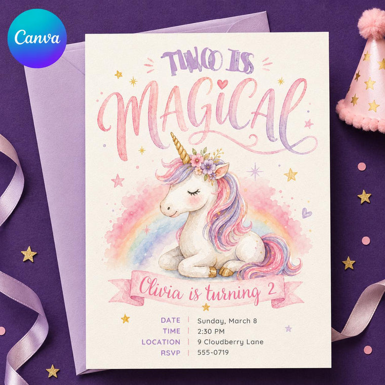 Rainbow Pastel Two Is Magical Unicorn 2nd Birthday Invitation for Girls