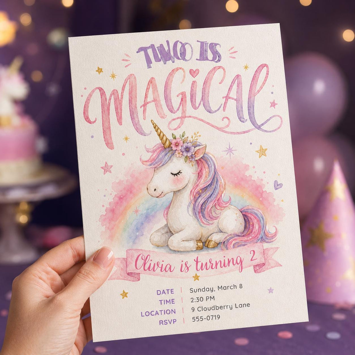 Rainbow Pastel Two Is Magical Unicorn 2nd Birthday Invitation for — invitation you personalize in Canva