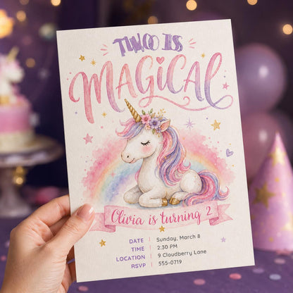 Rainbow Pastel Two Is Magical Unicorn 2nd Birthday Invitation for — invitation you personalize in Canva