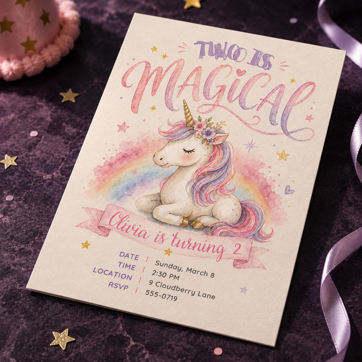 Rainbow Pastel Two Is Magical Unicorn 2nd Birthday Invitation for — digital invitation, instant download