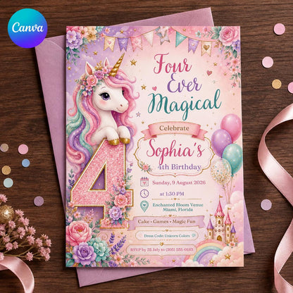 Rainbow Pastel Unicorn 4th Birthday Invitation for Girls — editable Canva template