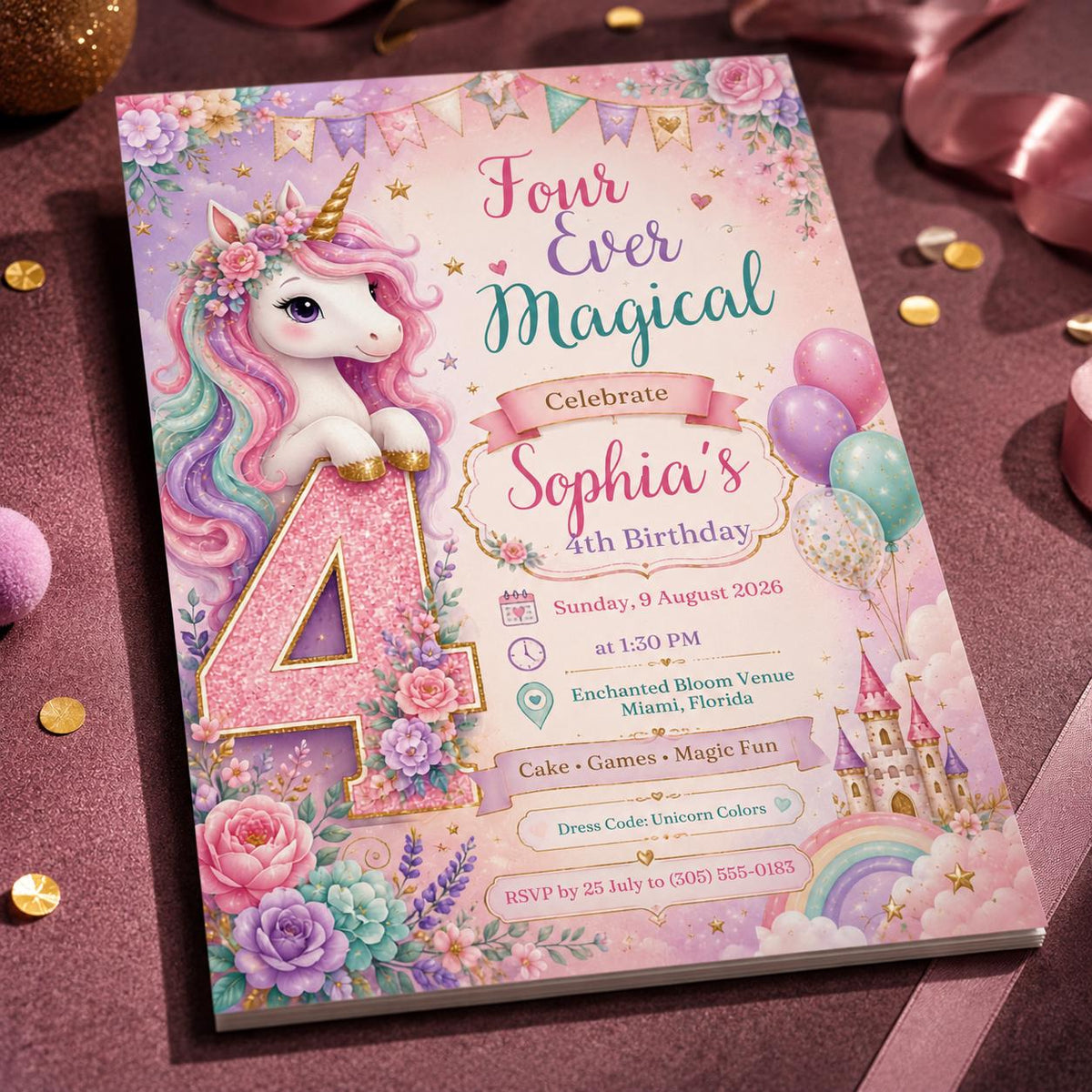 Rainbow Pastel Unicorn 4th Birthday Invitation for Girls — magic design