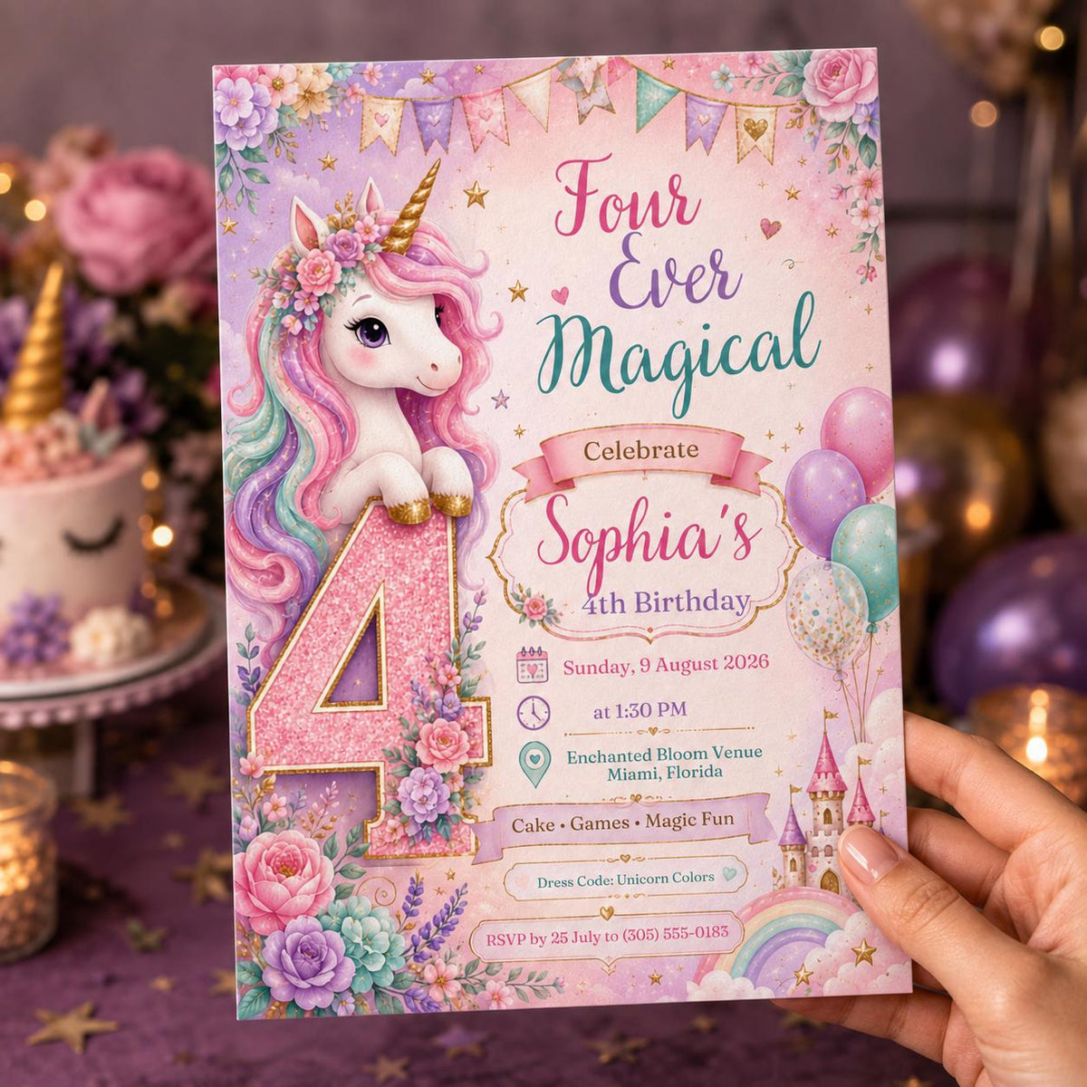 Rainbow Pastel Unicorn 4th Birthday Invitation for Girls — invitation you personalize in Canva