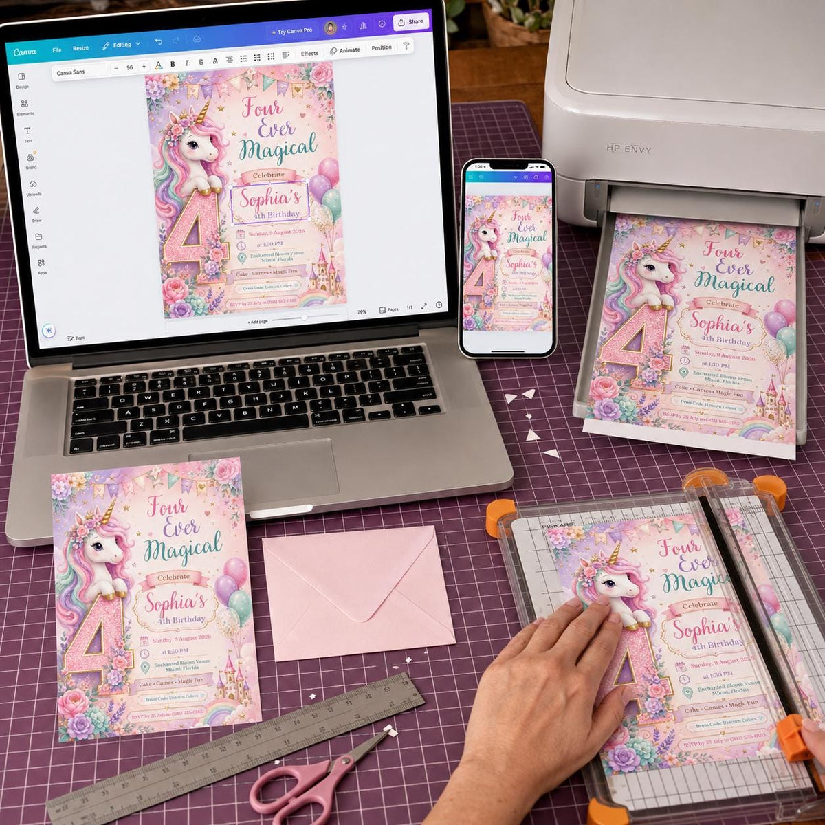 Rainbow Pastel Unicorn 4th Birthday Invitation for Girls — print-ready 4th birthday party design from VoltBy